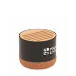 Wireless speaker with cork base and bamboo details view with print area