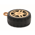 Wireless speaker in the shape of a tyre with a hand strap wood colour second main view