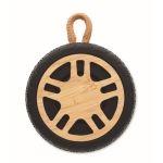 Wireless speaker in the shape of a tyre with a hand strap wood colour third view