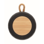 Wireless speaker in the shape of a tyre with a hand strap wood colour fourth view