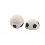 Football shaped lip balm with vanilla aroma, SPF 10 white/black colour