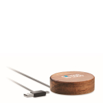 Acacia wood round wireless charging station, 15W view with print area