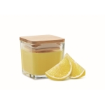 Candle in glass container with bamboo lid, 50 gr yellow colour fifth view