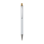 Recycled aluminium pen with bamboo push-button, blue ink white colour