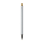 Recycled aluminium pen with bamboo push-button, blue ink silver colour