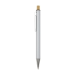 Recycled aluminium pen with bamboo push-button, blue ink silver colour