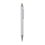 Recycled aluminium pen with bamboo push-button, blue ink silver colour