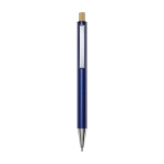 Recycled aluminium pen with bamboo push-button, blue ink navy-blue colour