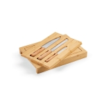 Bamboo chopping board with sliding tray and three knives natural colour third view