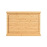 Bamboo chopping board with sliding tray and three knives natural colour rear view