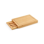 Bamboo chopping board with sliding tray and three knives natural colour second detail view