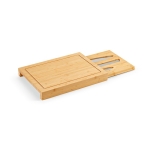 Bamboo chopping board with sliding tray and three knives natural colour third detail view