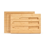 Bamboo chopping board with sliding tray and three knives natural colour third front view