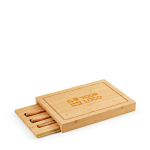 Bamboo chopping board with sliding tray and three knives main view