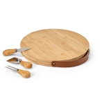 Bamboo chopping board with handle and three utensils natural colour