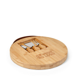 Bamboo chopping board with handle and three utensils main view