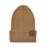 Recycled cotton hat with patch camel colour front view