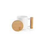 Porcelain mug with lid and double bamboo handle, 320 ml white colour front view