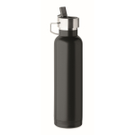 Recycled stainless steel thermal bottle with straw and handle, 660ml black colour