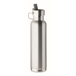 Recycled stainless steel thermal bottle with straw and handle, 660ml matt silver colour