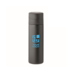 Stainless steel bottle with non-slip phone holder lid, 420ml black colour view with print area