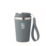 Stainless steel thermal cup with carry strap, 350ml matt black colour view with print area