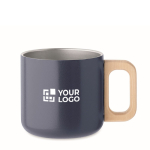 Recycled stainless steel mug with wooden handle, 350ml navy-blue colour view with print area