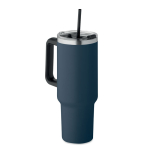 Recycled stainless steel thermal cup with straw, 1.2L navy-blue colour