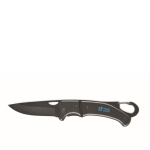 Folding aluminium knife with carabiner on top black colour view with print area