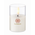 Small clear jar candle with LED light and realistic flame effect white colour second main view