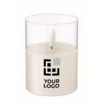 Clear jar candle with LED light and realistic flame effect white colour view with print area