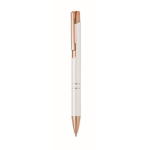 Recycled aluminium push pen with rose gold details, blue ink white colour