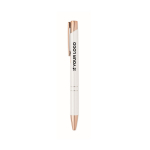 Recycled aluminium push pen with rose gold details, blue ink white colour view with print area