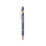 Recycled aluminium pen with rose gold details, blue ink blue colour view with print area