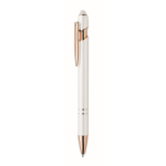 Recycled aluminium pen with rose gold details, blue ink white colour