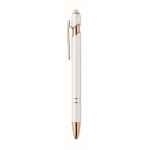 Recycled aluminium pen with rose gold details, blue ink white colour third view