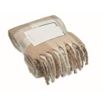 RPET polyester blanket with checked design and fringed edges beige colour