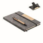 Hard-cover felt notebook with mobile stand, A5 lined pages dark grey colour