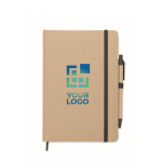 Recycled cardboard notebook with blue ink pen, A5 lined pages black colour view with print area