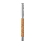 Recycled stainless steel and cork rollerball with clip, blue ink natural colour image with logo 3