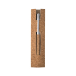 Recycled stainless steel and cork rollerball with clip, blue ink natural colour second view in box