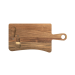 Acacia wood cheese board with 2 utensils dark wood colour first view