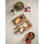 Acacia wood cheese board with 2 utensils still life view