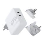 67W charger plug with EU, UK, and US variants white colour