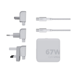 67W charger plug with EU, UK, and US variants white colour