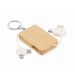 Keyring with charging cables encased in bamboo housing wood colour