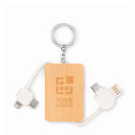 Keyring with charging cables encased in bamboo housing wood colour view with print area