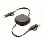 Charging cable with retractable 80 cm cables in compact casing black colour