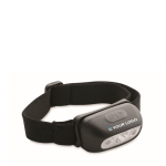 Adjustable rechargeable head torch with 3 lighting modes black colour view with print area