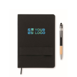 Notebook and pen with elastic phone holder and lined pages, A5 black colour view with print area